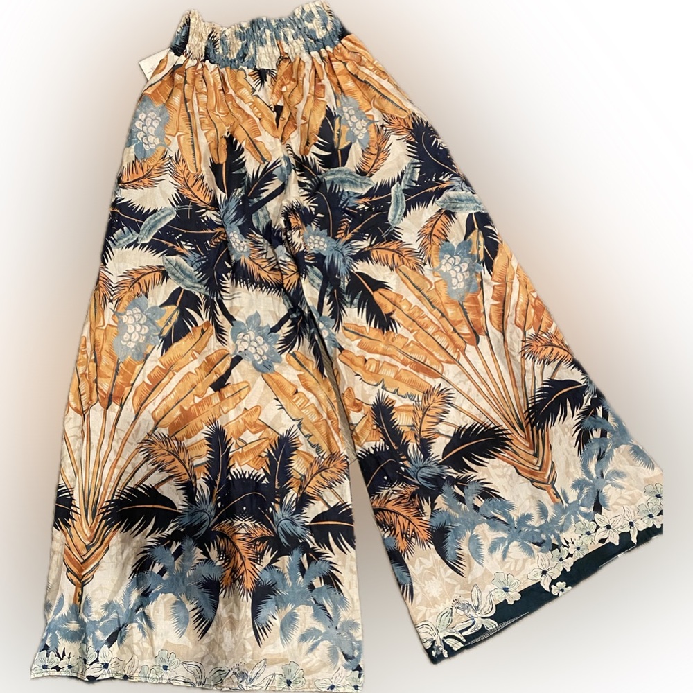 Tropical Wide-Leg Beach Pants in Mustard & Navy